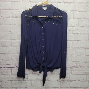 EDGE Lattice Studded Button Front Tie Waist Top Women L Rockabilly Festival Boho